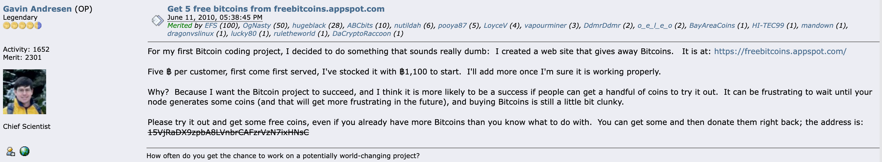 A screenshot from Bitcoin Talk that Gavin Andresen used to promote Bitcoin and his BTC faucet.